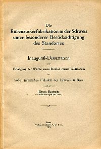 Kientsch, Die Rübenzuckerfabrikation in der Schweiz unter besonderer Berücksicht (Umschlag)